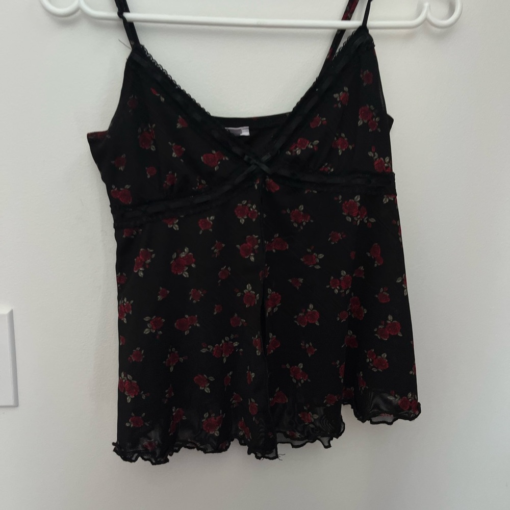 Garage Black and Red Lace Trim Top
